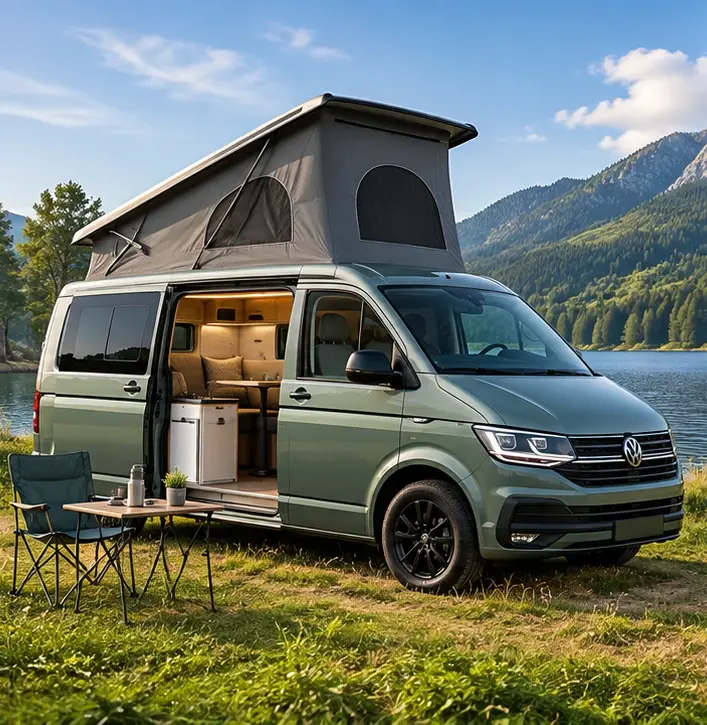 Doğada konumlanan pop-up tavanlı LK Karavan campervan modeli