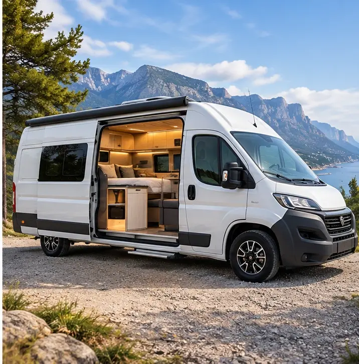 Doğada uzun yolculuk için konumlanmış uzun şasi campervan